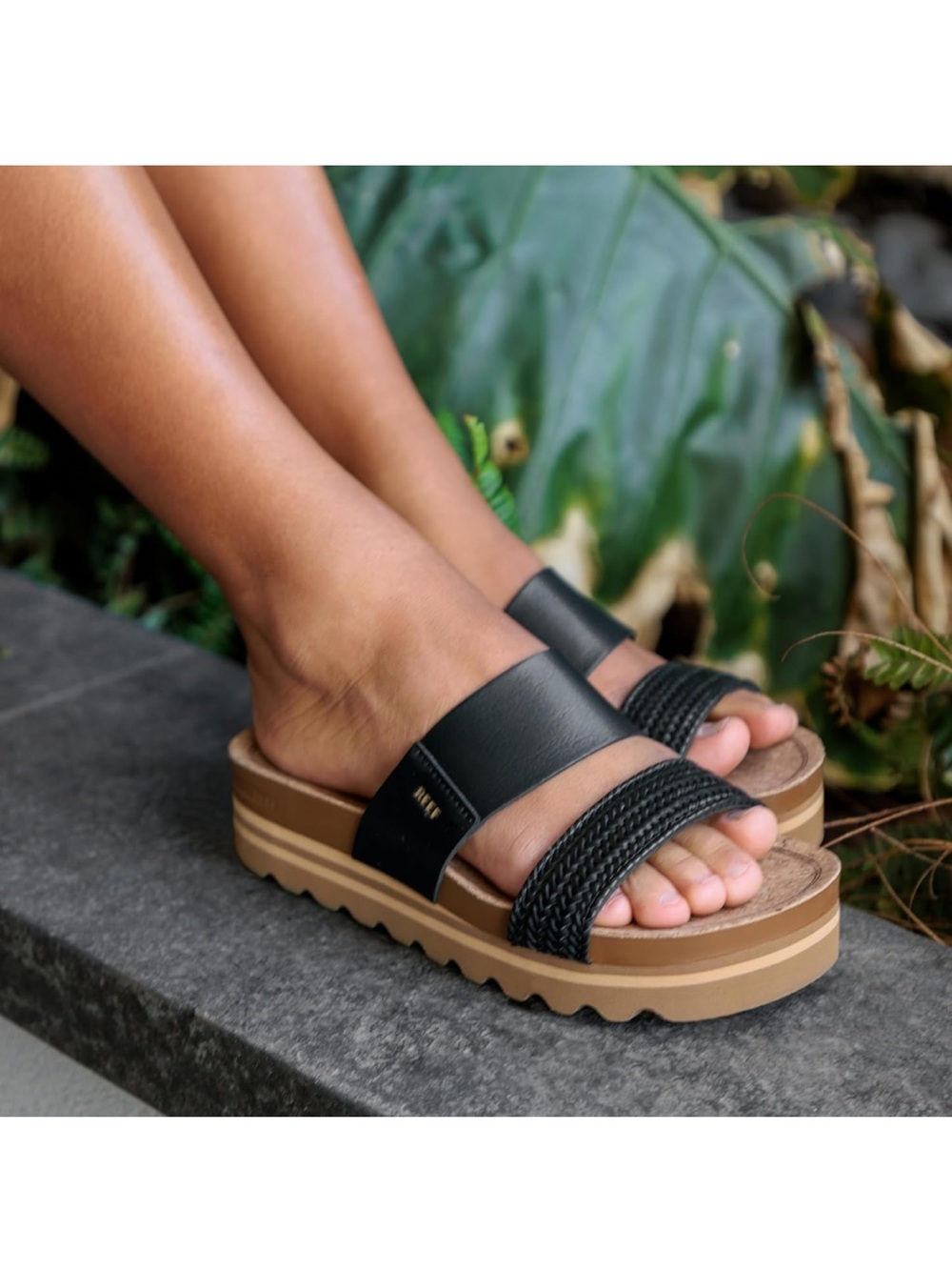 Reef womans Cushion Vista Hi Black Two-Strap Cork Platform Slides